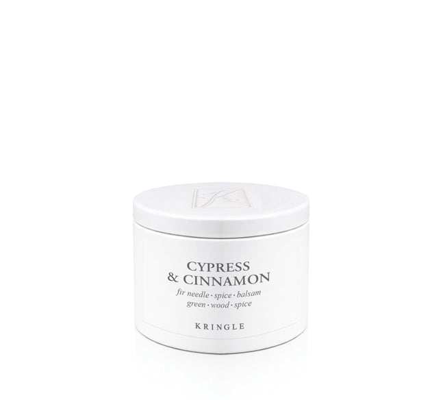 Cypress & Cinnamon Scent in mini candle tin on a white background by Kringle Candle