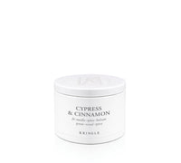 Cypress & Cinnamon Scent in mini candle tin on a white background by Kringle Candle
