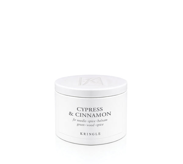 Cypress & Cinnamon Scent in mini candle tin on a white background by Kringle Candle