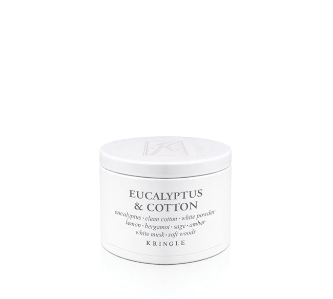 Kringle Candle tin labeled 'Eucalyptus & Cotton' on a white background