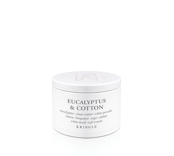 Kringle Candle tin labeled 'Eucalyptus & Cotton' on a white background