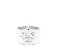 Candle tin with 'Eucalyptus & Cotton' fragrance on a white background