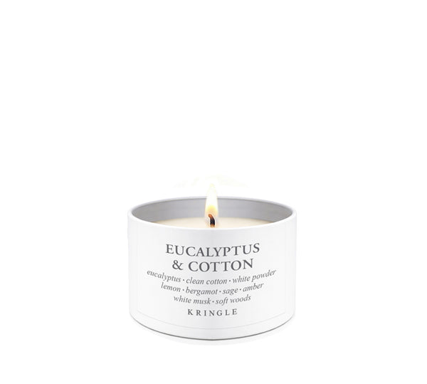Candle tin with 'Eucalyptus & Cotton' fragrance on a white background