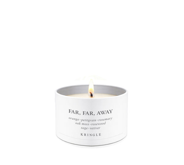 Far, Far Away Fragrance in a White Mini Candle Tin single-wick lit by Kringle Candle