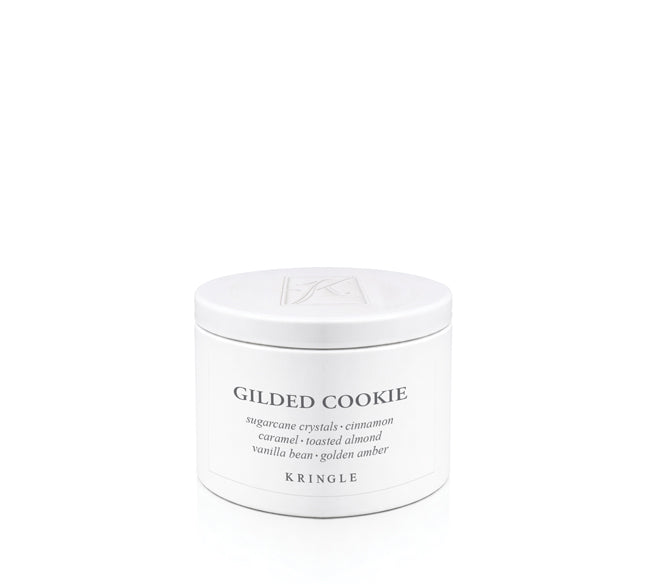 A white cylindrical jar of Kringle Gilded Cookie scented crystals, photographed on a seamless white background.