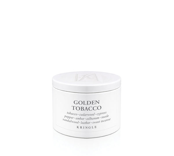 A white cylindrical tin of Kringle Golden Tobacco scented candle wax with black text on a clean white background.