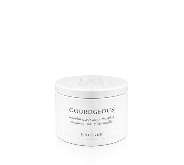 A white cylindrical candle tin with a matching lid, labeled 'GOURDGEOUS' by Kringle, on a seamless white background.