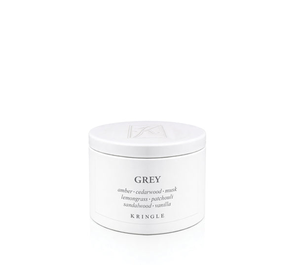 A white metal tin labeled 'GREY' by Kringle, photographed against a seamless white background.