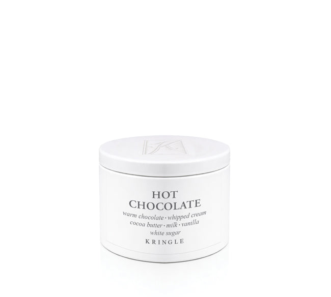 Candle tin of Kringle Hot Chocolate scent on a white background