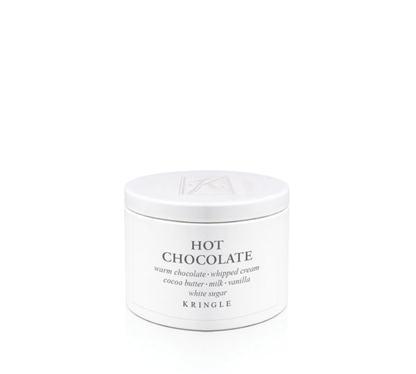 Candle tin of Kringle Hot Chocolate scent on a white background