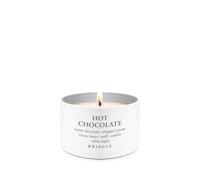 Kringle Candle tin with 'Hot Chocolate' scent on a white background