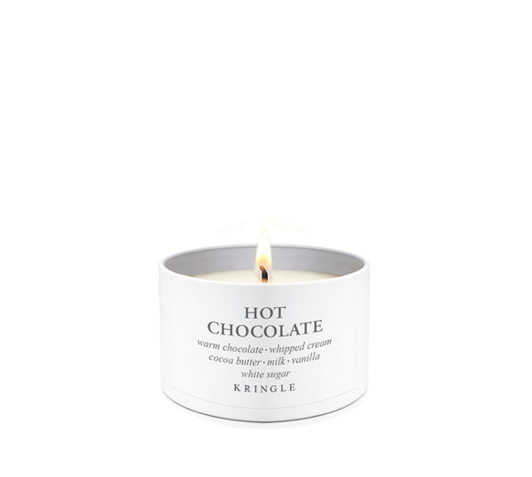 Kringle Candle tin with 'Hot Chocolate' scent on a white background