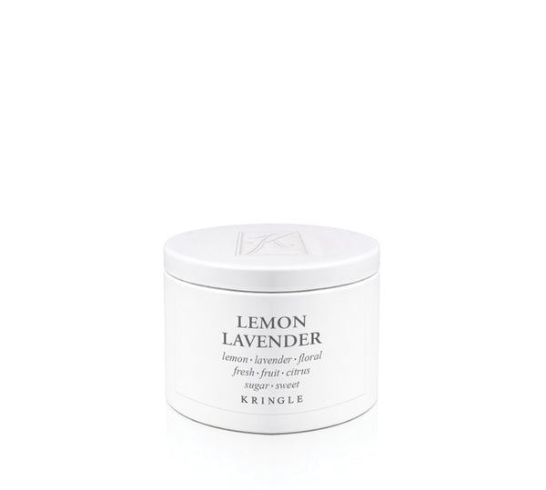 A white metal tin  Kringle Lemon Lavender body butter with black text, set against a seamless white background.