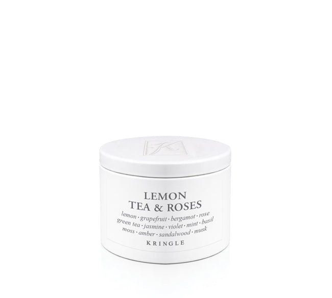 A white cylindrical candle tin of Kringle Candle Lemon Tea & Roses on a seamless white background.