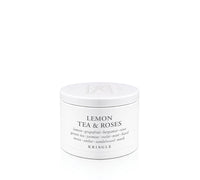 A white cylindrical candle tin of Kringle Candle Lemon Tea & Roses on a seamless white background.