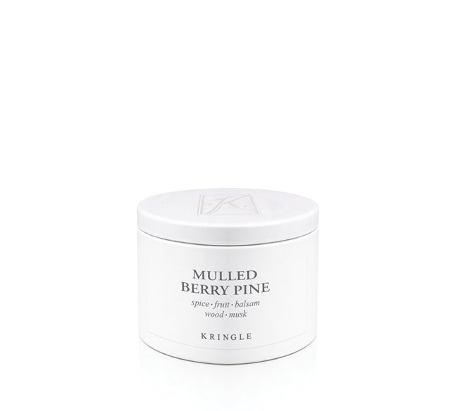 A white cylindrical jar of Kringle 'Mulled Berry Pine' wood mask on a clean white background.