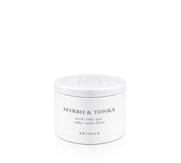 A white cylindrical jar of Kringle Myrrh & Tonka body butter with black text on the front, set against a seamless white background.