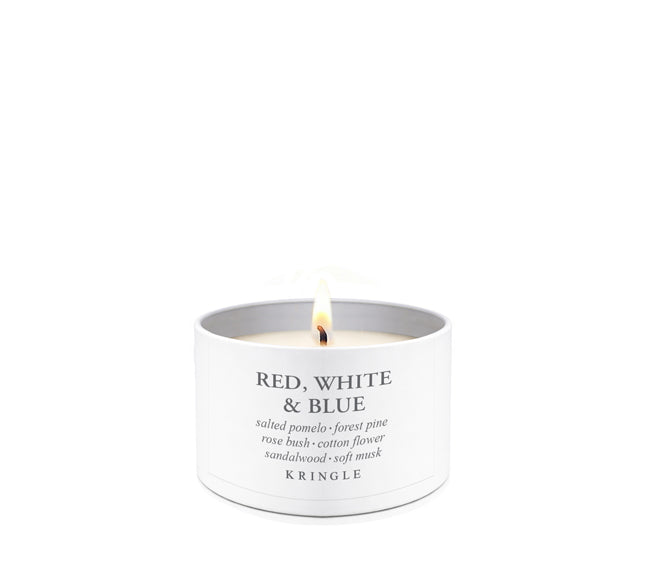 Kringle Candle tin container with 'Red, White & Blue' fragrance on a white background