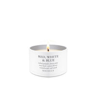 Kringle Candle tin container with 'Red, White & Blue' fragrance on a white background