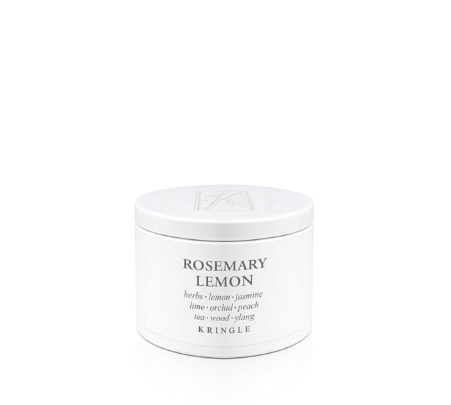 Kringle Candle tin labeled 'Rosemary Lemon' on a white background