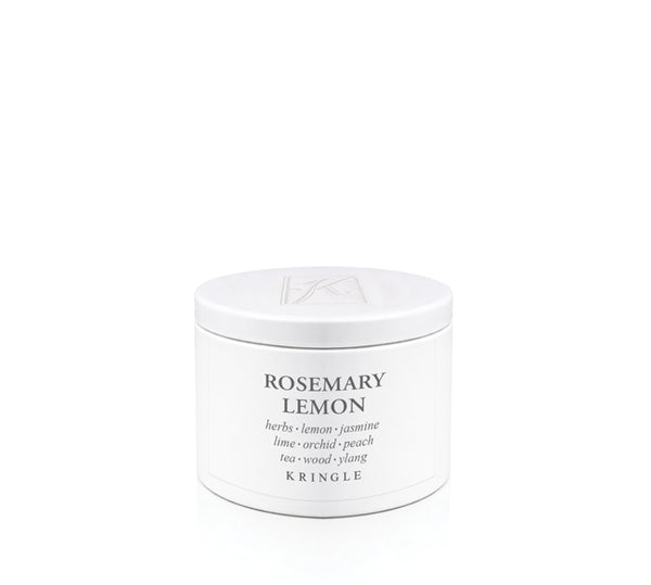Kringle Candle tin labeled 'Rosemary Lemon' on a white background