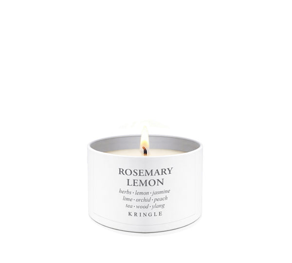 Kringle Candle Company 'Rosemary Lemon' candle tin on a white background