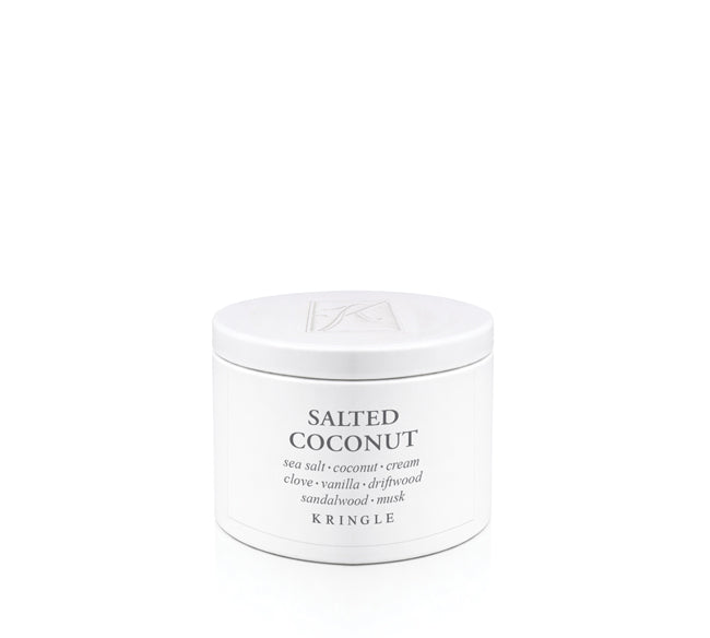 Kringle Candle tin labeled 'Salted Coconut' on a white background