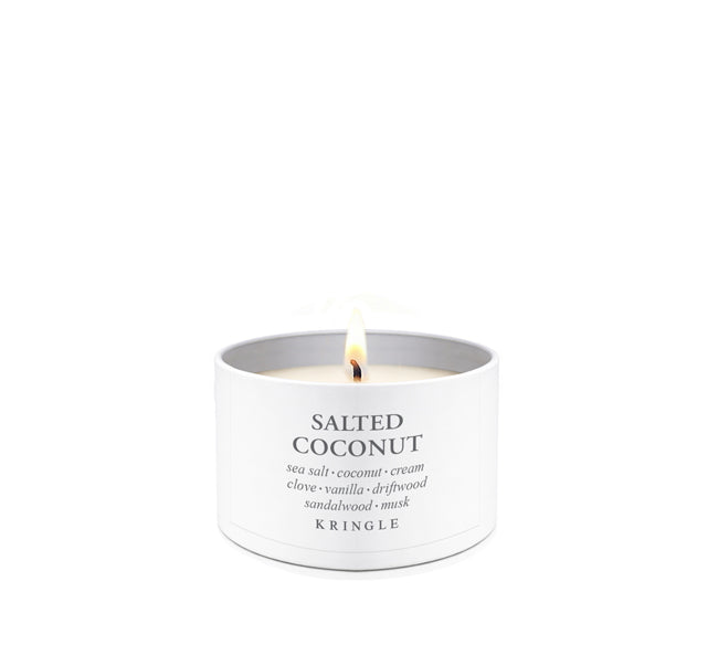 Kringle Candle Company salted coconut candle tin on a white background