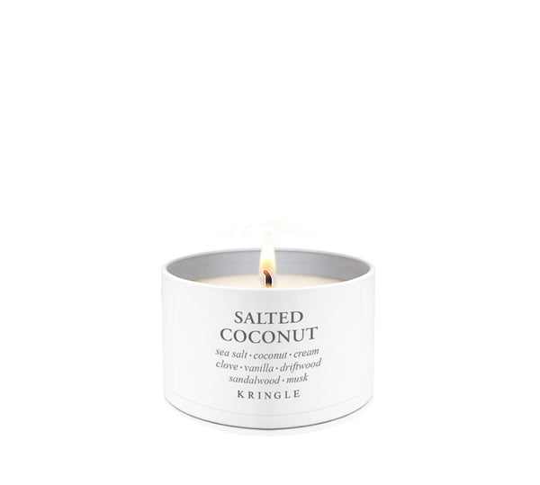 Kringle Candle Company salted coconut candle tin on a white background