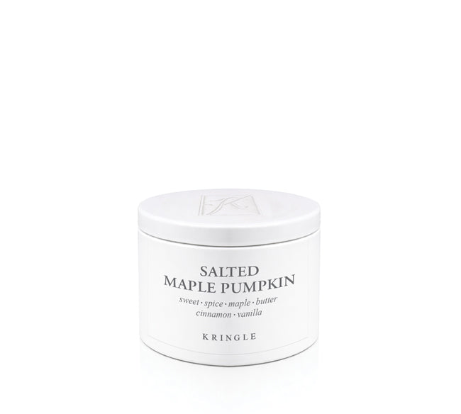 White candle tin labeled 'Salted Maple Pumpkin' by Kringle on a white background