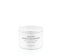 White candle tin labeled 'Salted Maple Pumpkin' by Kringle on a white background
