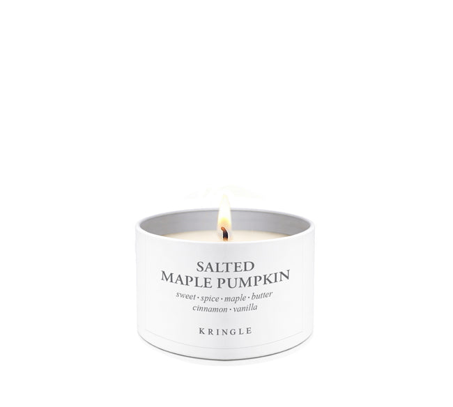 Kringle Candle Company salted maple pumpkin candle in a tin on a white background