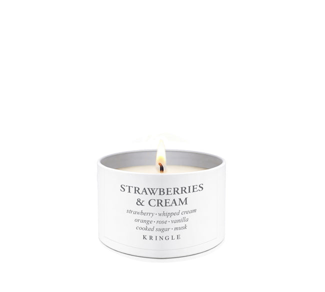 Kringle Candle Company 'Strawberries & Cream' candle tin on a white background