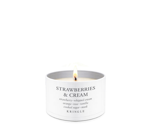 Kringle Candle Company 'Strawberries & Cream' candle tin on a white background