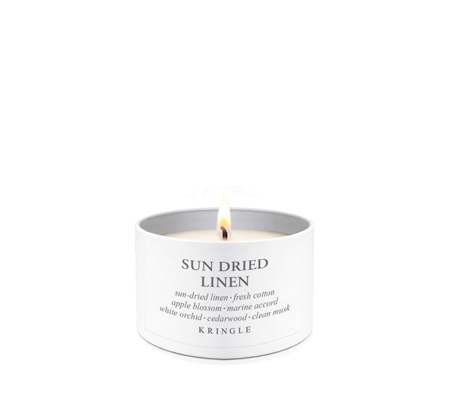 Kringle Candle Company 'Sun Dried Linen' candle on a white background