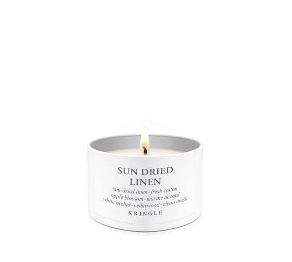 Kringle Candle Company 'Sun Dried Linen' candle on a white background