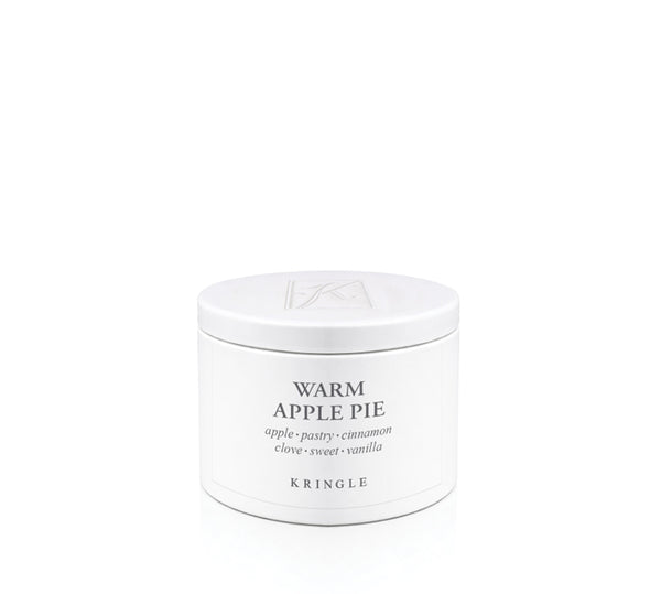 Kringle Candle tin labeled 'Warm Apple Pie' on a white background