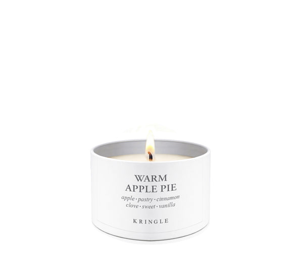 Kringle Candle tin with 'Warm Apple Pie' scent on a white background
