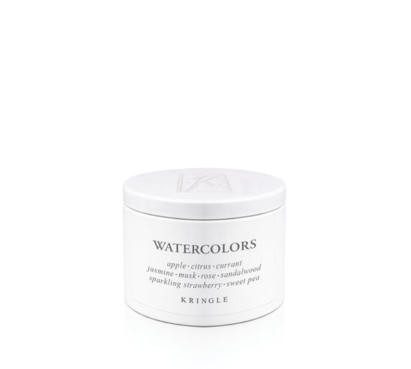 White candle tin labeled 'Watercolors' by Kringle Candle on a white background
