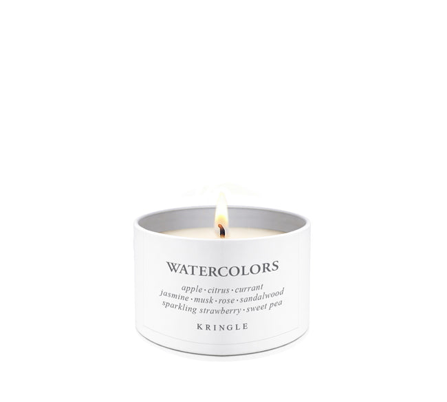 Candle tin labeled 'Watercolors' by Kringle Candle on a white background