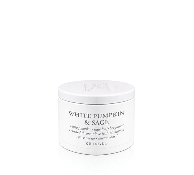 Kringle Candle jar labeled 'White Pumpkin & Sage' on a white background