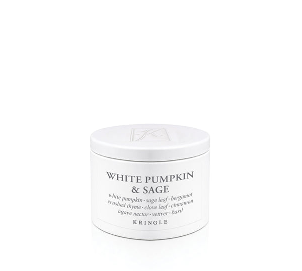 Kringle Candle jar labeled 'White Pumpkin & Sage' on a white background