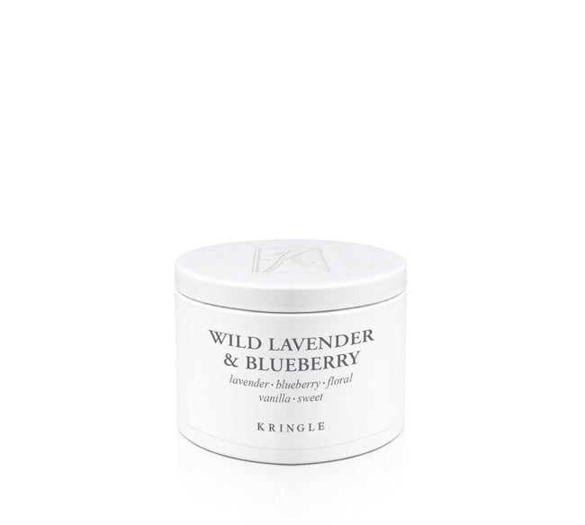 White candle tin 'Wild Lavender & Blueberry' scent by Kringle on a white background
