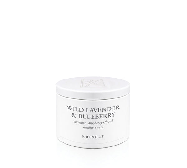 White candle tin 'Wild Lavender & Blueberry' scent by Kringle on a white background