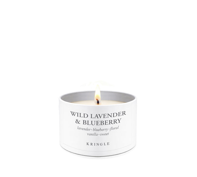 Candle tin container with 'Wild Lavender & Blueberry' fragrance on a white background
