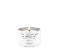 Candle tin container with 'Wild Lavender & Blueberry' fragrance on a white background