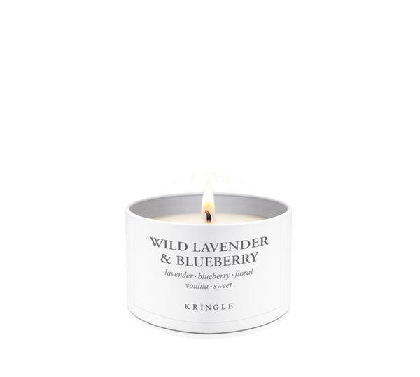 Candle tin container with 'Wild Lavender & Blueberry' fragrance on a white background