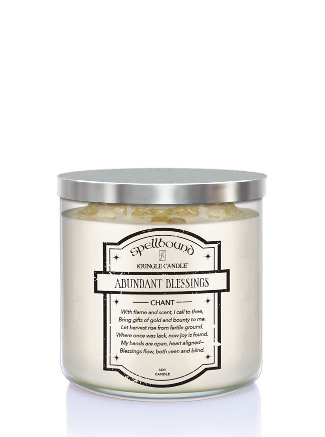 Abundant Blessings Scented Candle with a metallic lid and label on a white background