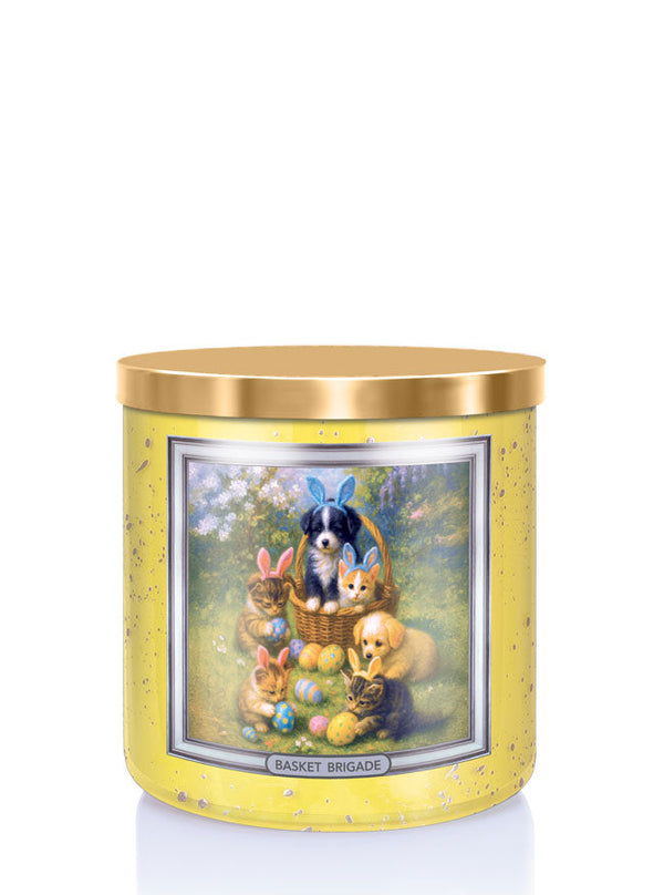 Decorative candle with a festive design featuring animals and Easter eggs on a yellow background.
