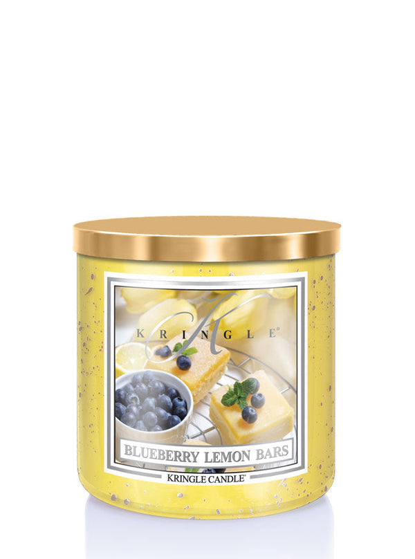 Kringle Candle with blueberry lemon bars design on a white background